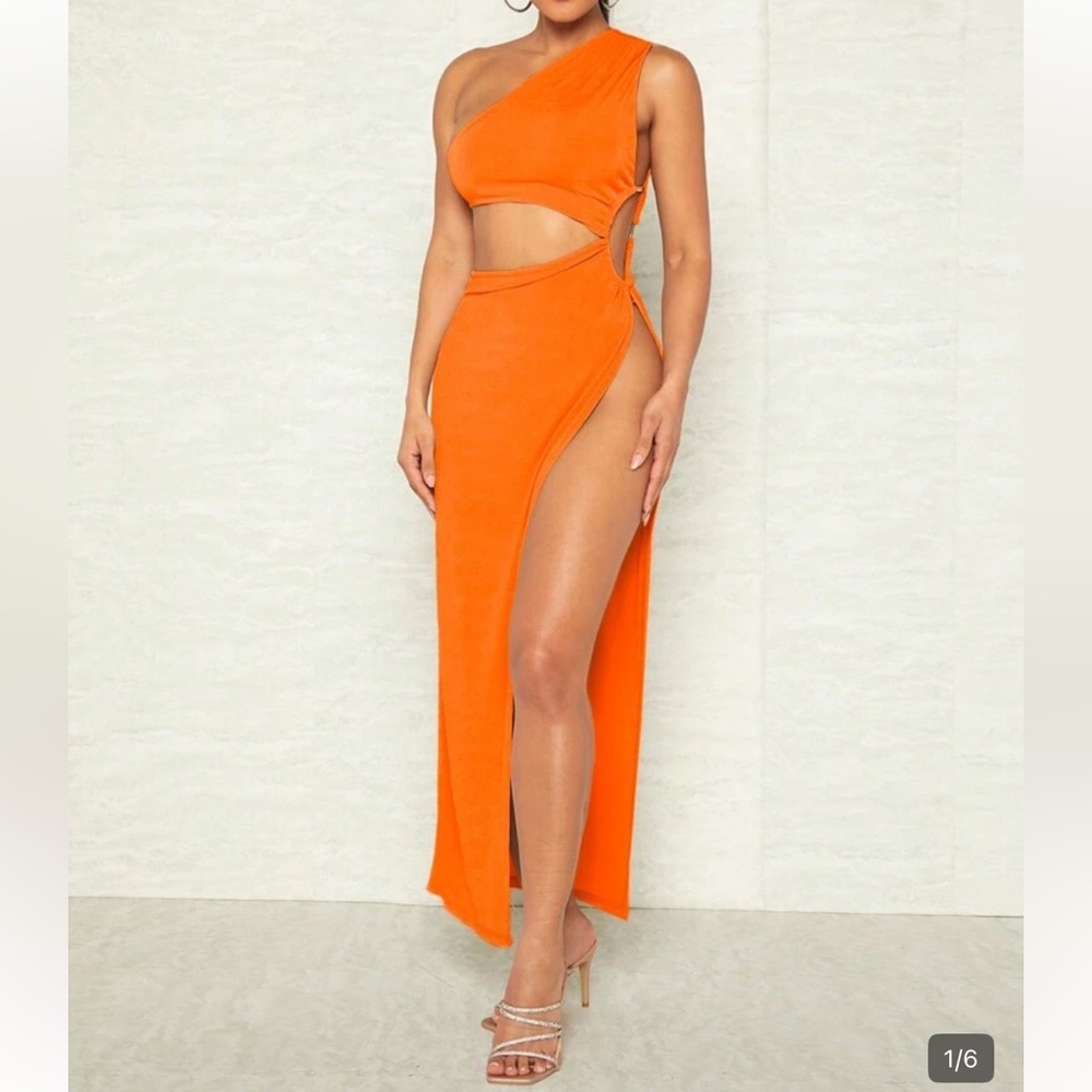 One shoulder Asymmetrical maxi Orange dress with gold detail
